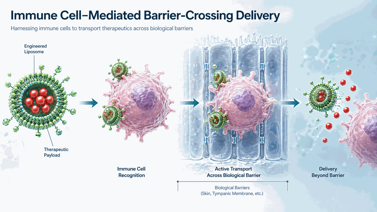Animated illustration of OTO Biotech's delivery mechanism showing immune-cell-mediated barrier crossing